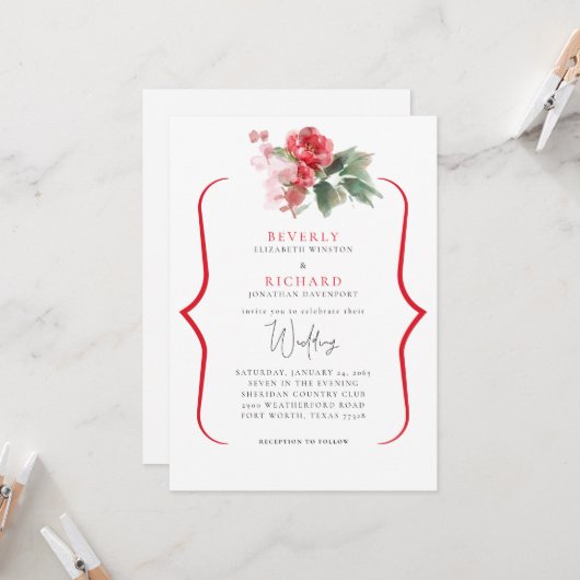Invitation Ethereal Rouge floral Elegant Blanc Mariage (Devant/Arrière en situation)