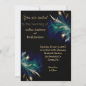 Invitation Ethereal turquoise bleu noir plumes or mariage (Devant)