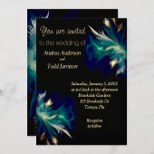Invitation Ethereal turquoise bleu noir plumes or mariage