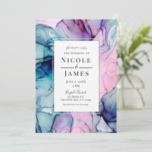 Invitation Ethereal Turquoise rose violet encre vernis modern (Debout devant)