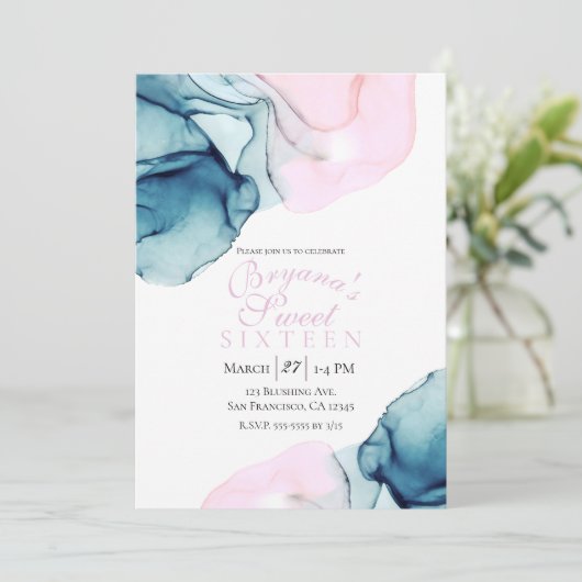 Invitation Éthérée Turquoise rose Élégant Encre Moderne Douce (Debout devant)