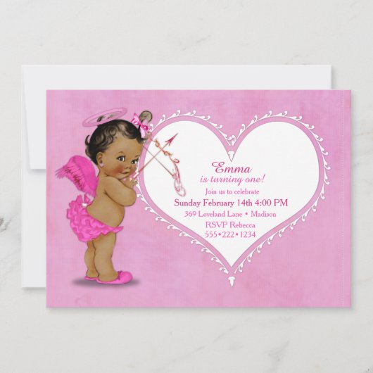 Invitation Ethnic Baby Girl Cupid Angel Wings Halo Hot Pink (Devant)