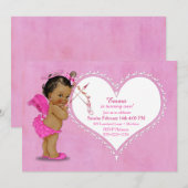Invitation Ethnic Baby Girl Cupid Angel Wings Halo Hot Pink (Devant / Derrière)