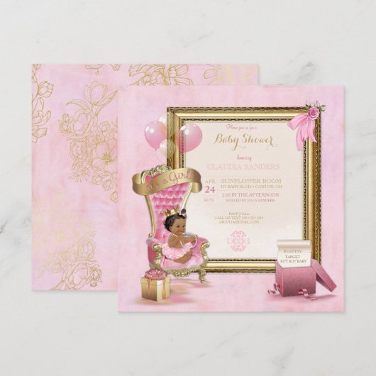 Invitation Ethnic Baby Princess Crown Gold Pink Royal (Devant / Derrière)