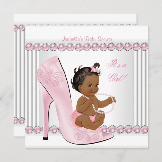 Invitation Ethnic Baby shower Girl rose Pearl Chaussures haut (Devant / Derrière)