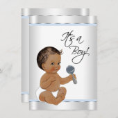 Invitation Ethnic bébé Baby shower bleu argent (Devant / Derrière)