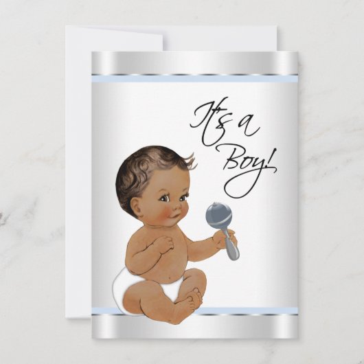 Invitation Ethnic bébé Baby shower bleu argent (Devant)