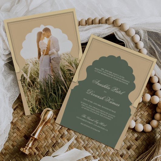 Invitation Ethnic Boho Indian Ivory Arch Sage Green Mariage
