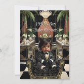Invitation Ethnic Boy Baby Shower 1920s Art deco black gold (Devant)