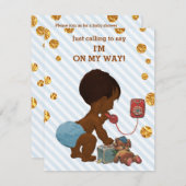 Invitation Ethnic Boy On Phone Stripes Gold Dots Baby shower (Devant / Derrière)