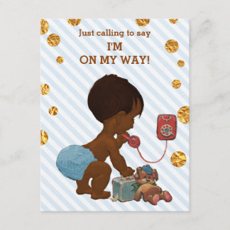 Invitation Ethnic Boy On Phone Stripes Gold Dots Baby shower