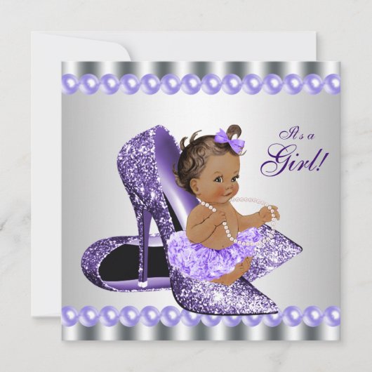 Invitation Ethnic Girl Purple Grey High Heel Shoe Baby shower (Devant)