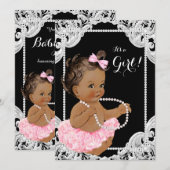 Invitation Ethnic Girl rose Black Pearl Baby shower (Devant / Derrière)