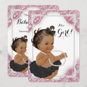 Invitation Ethnic Girl rose noir Tutu Baby shower (Devant / Derrière)