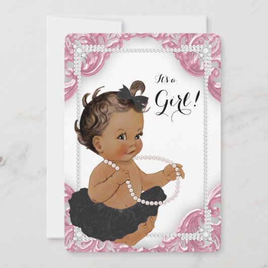 Invitation Ethnic Girl rose noir Tutu Baby shower (Devant)