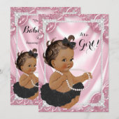 Invitation Ethnic Girl rose Pearl Black Tutu Baby shower (Devant / Derrière)