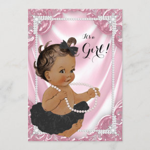 Invitation Ethnic Girl rose Pearl Black Tutu Baby shower