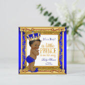 Invitation Ethnic Prince Baby shower Blue Faux Gold (Debout devant)