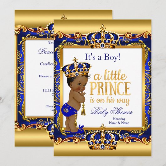 Invitation Ethnic Prince Baby shower Blue Ornate Gold (Devant / Derrière)