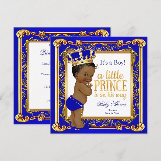 Invitation Ethnic Prince Baby shower Damask Blue Gold (Devant / Derrière)