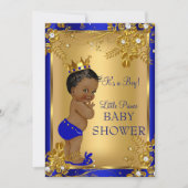 Invitation Ethnic Prince Boy Baby shower Gold Blue Floral (Devant)