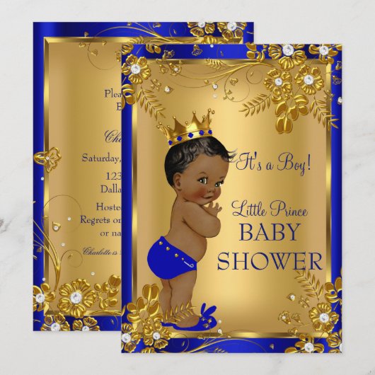 Invitation Ethnic Prince Boy Baby shower Gold Blue Floral (Devant / Derrière)