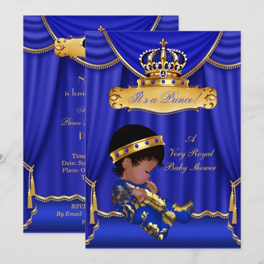 Invitation Ethnic Prince Boy Baby shower Royal Blue Draps (Devant / Derrière)