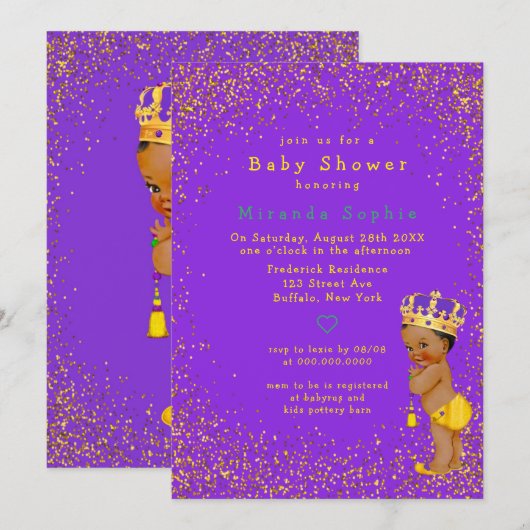 Invitation Ethnic Prince Purple et Gold Boy Baby shower (Devant / Derrière)