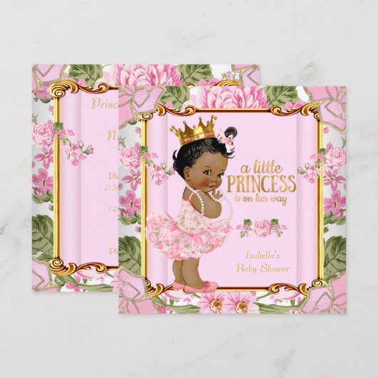 Invitation Ethnic Princess Baby shower Rose Rose Floral (Devant / Derrière)