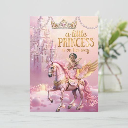 Invitation Ethnic Princess Pink Baby Shower unicorn castle (Debout devant)