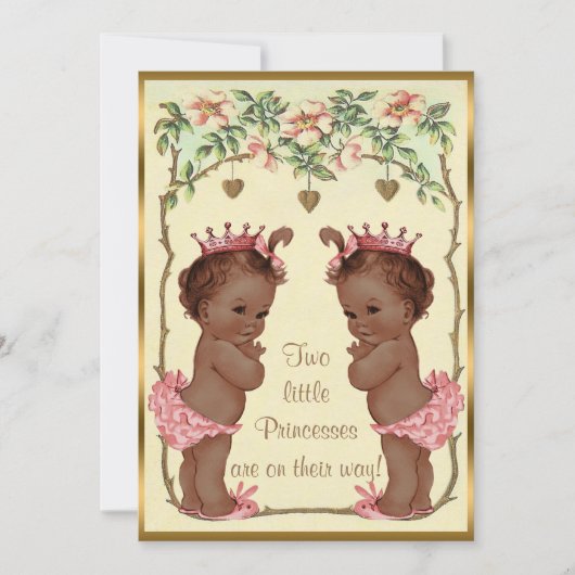 Invitation Ethnic Princess Twins Baby shower Rose & Coeurs (Devant)