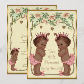 Invitation Ethnic Princess Twins Baby shower Rose & Coeurs (Devant / Derrière)