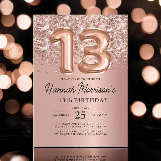 Invitation Étincelle 13e anniversaire Rose Gold Balloons Part