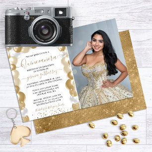 Invitation Étincelle blanche en or photo Balloon Quinceañera
