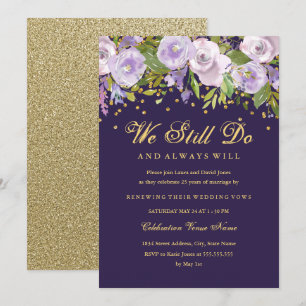 Invitation Étincelle Floral Violet Or Renouvellement de Voeux