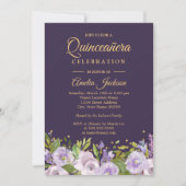 Invitation Étincelle Florale Or Violet Quinceanera (Devant)