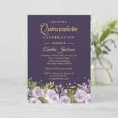 Invitation Étincelle Florale Or Violet Quinceanera (Debout devant)