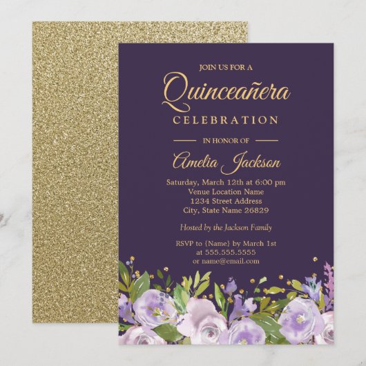 Invitation Étincelle Florale Or Violet Quinceanera (Devant / Derrière)