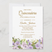 Invitation Étincelle Florale Violet Or Quinceanera (Devant)