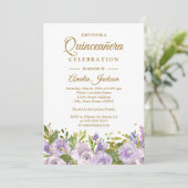 Invitation Étincelle Florale Violet Or Quinceanera (Debout devant)