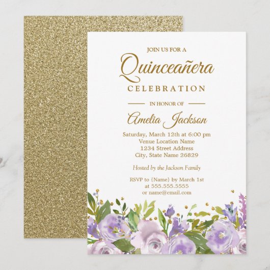Invitation Étincelle Florale Violet Or Quinceanera (Devant / Derrière)