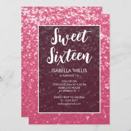 Invitation Étincelle rose rose Sweet 16 élégant script (Devant / Derrière)