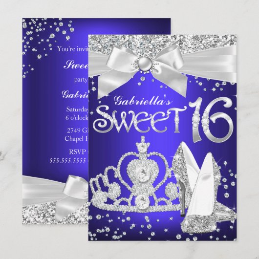 Invitation Étincelle Tiara & talons Sweet 16 Royal Blue viole (Devant / Derrière)