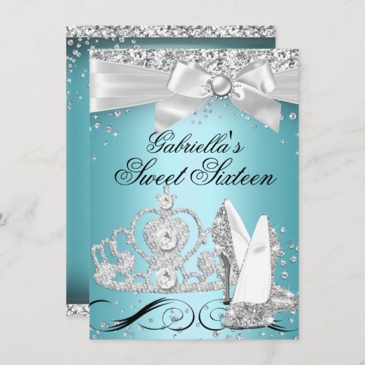 Invitation Étincelle Tiara Talons Turquoise doux 16 (Devant / Derrière)