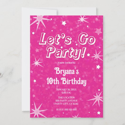 Invitation Étincelles Étoiles Rose Chaud Allons Fêter Anniver (Devant)
