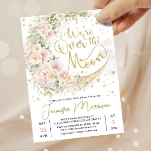 Invitation Étions Au-Dessus De La Lune Fille Baby Shower Rose