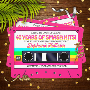 Invitation Étiquette cassette néon rose Rétro 80's pour fête