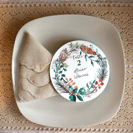 Invitation Étiquettes de nom de couronne de pin eucalyptus ve