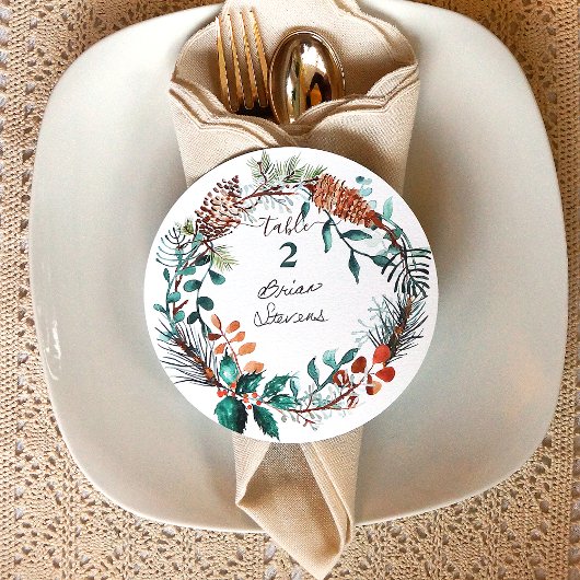 Invitation Étiquettes de nom de couronne de pin eucalyptus ve