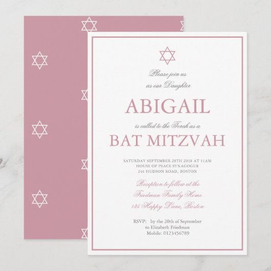 Invitation Étoile bat mitzvah de David Pink Juif hébreu (Devant / Derrière)